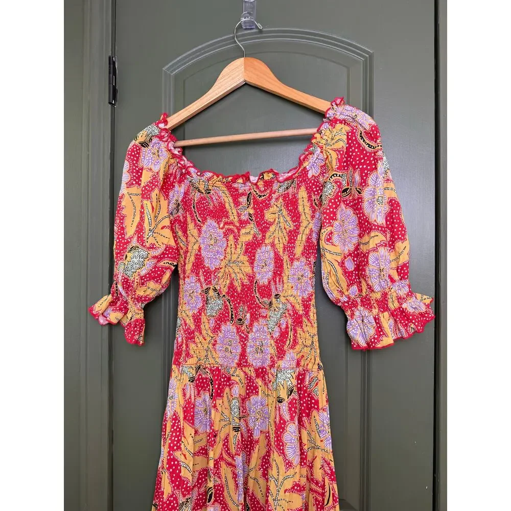 EUC Rhode Resort Eva Smocked Floral Puff Sleeve Maxi Cotton Red Dress Size Small - Picture 6 of 8